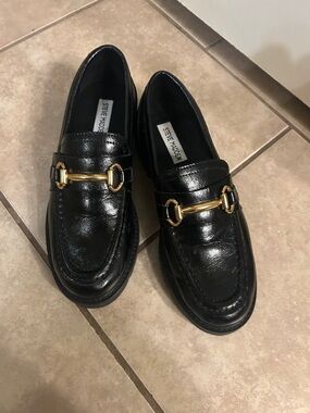 Steve Madden Black Leather Slip-On Loafers with Gold Hardware